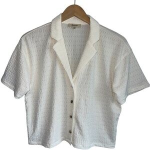 MADEWELL Crinkle Knit Button Front Top | Cream Short Sleeve Summer Blouse Small